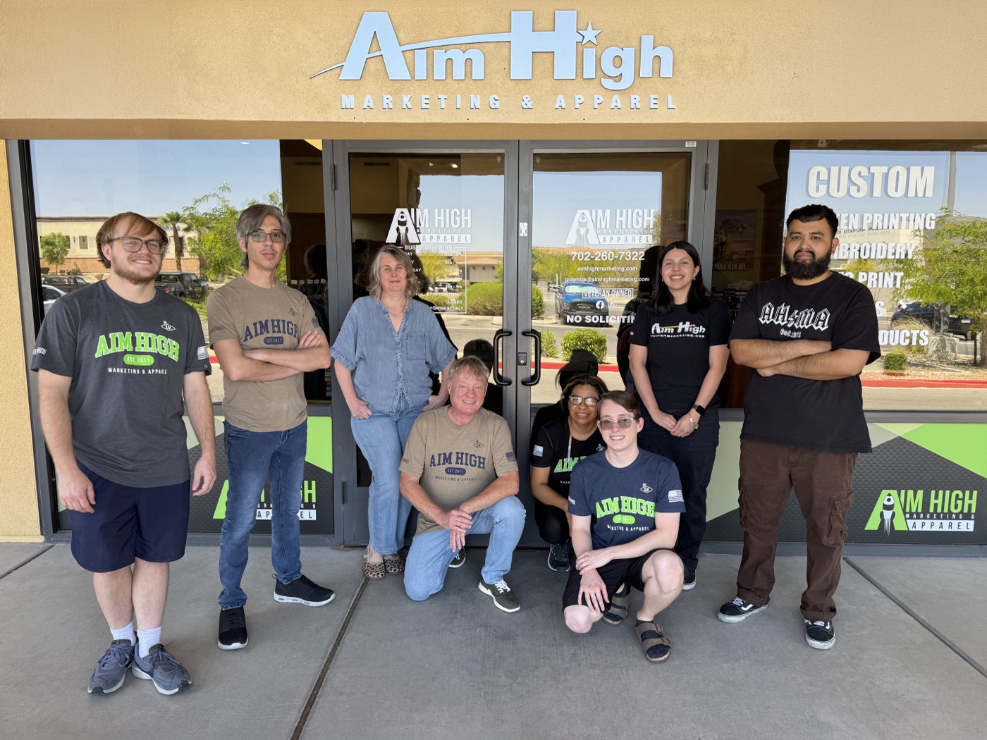The Aim High Marketing & Apparel team outside their Henderson, NV showroom.