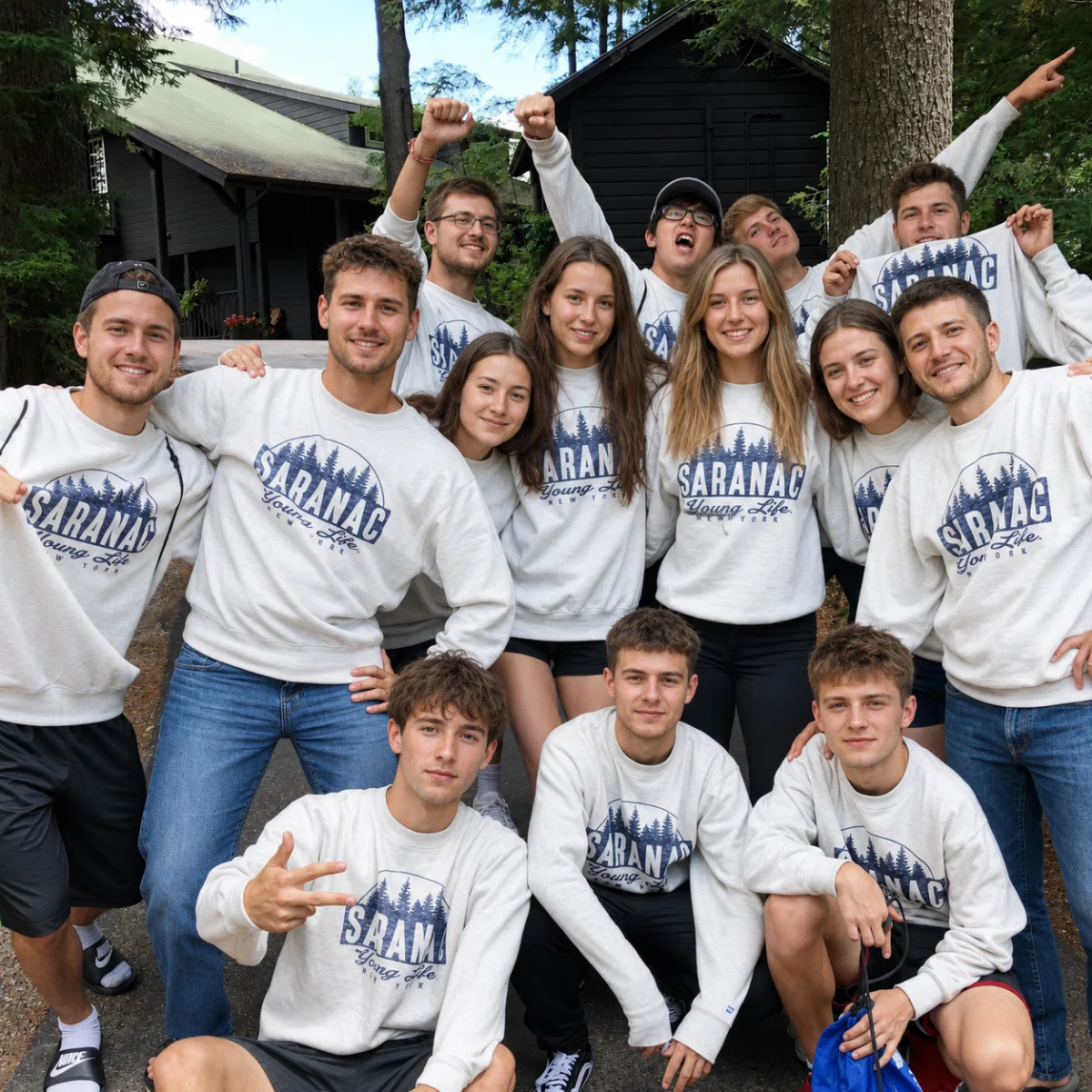 A group of friends in matching custom hoodies